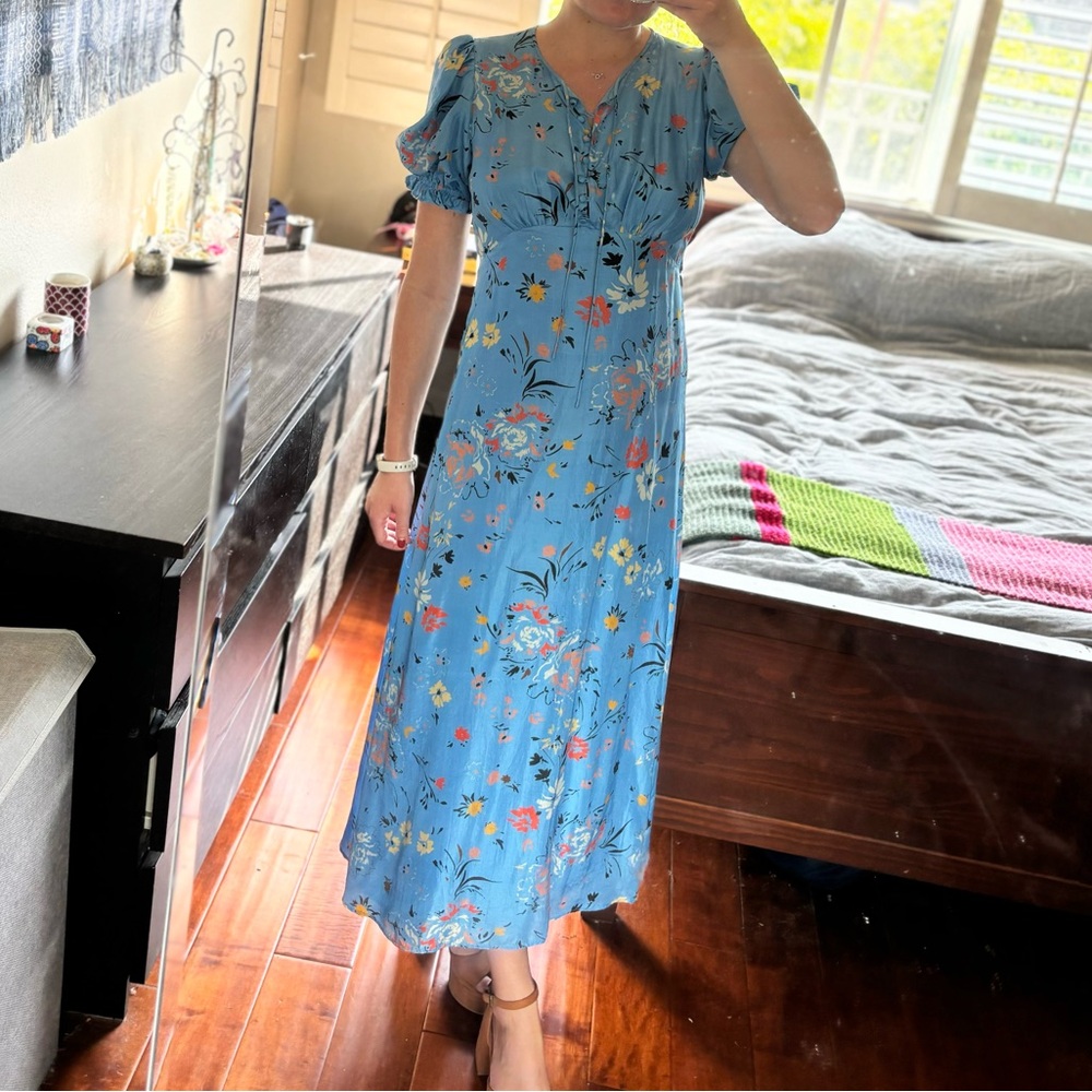 100% Silk, Blue Floral Maxi Dress